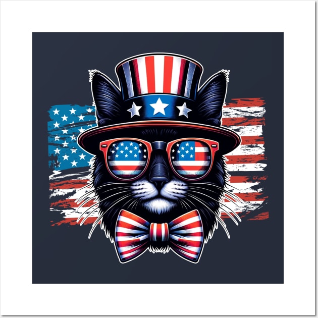 Black Cat Uncle Sam Hat Sunglasses American Flag 4th of July Wall Art by karishmamakeia